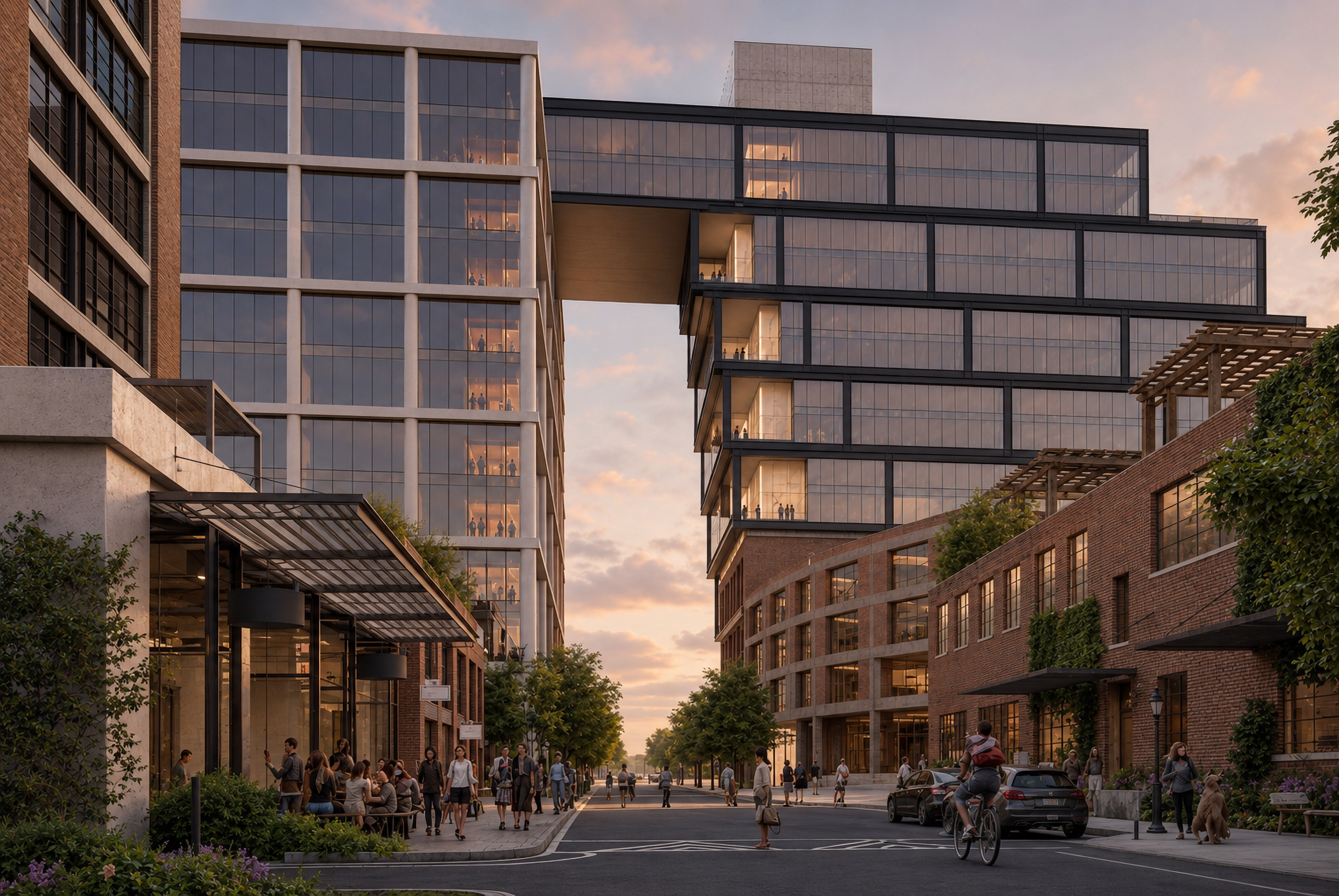 Street-level rendering with skybridge
